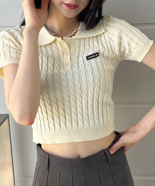 GLAMOROUS JANE（グラマラスジェーン）の「ケーブルニットポロ衿クロップド丈半袖トップス（Tシャツ/カットソー・レディース・ピンク/ベージュ/レッド/ブラック/ブルー・FREE）」の13枚目の写真