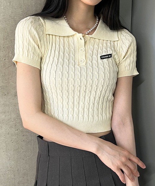 GLAMOROUS JANE（グラマラスジェーン）の「ケーブルニットポロ衿クロップド丈半袖トップス（Tシャツ/カットソー・レディース・ピンク/ベージュ/レッド/ブラック/ブルー・FREE）」の14枚目の写真