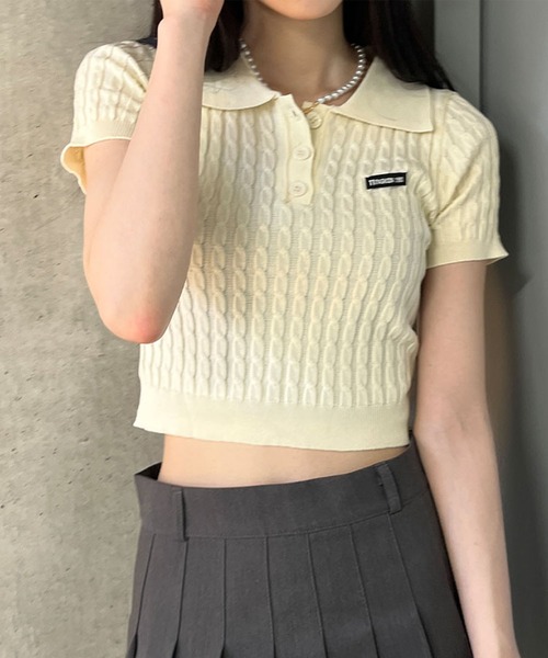 GLAMOROUS JANE（グラマラスジェーン）の「ケーブルニットポロ衿クロップド丈半袖トップス（Tシャツ/カットソー・レディース・ピンク/ベージュ/レッド/ブラック/ブルー・FREE）」の15枚目の写真