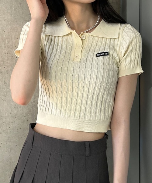 GLAMOROUS JANE（グラマラスジェーン）の「ケーブルニットポロ衿クロップド丈半袖トップス（Tシャツ/カットソー・レディース・ピンク/ベージュ/レッド/ブラック/ブルー・FREE）」の16枚目の写真