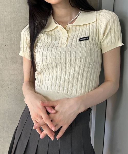 GLAMOROUS JANE（グラマラスジェーン）の「ケーブルニットポロ衿クロップド丈半袖トップス（Tシャツ/カットソー・レディース・ピンク/ベージュ/レッド/ブラック/ブルー・FREE）」の17枚目の写真