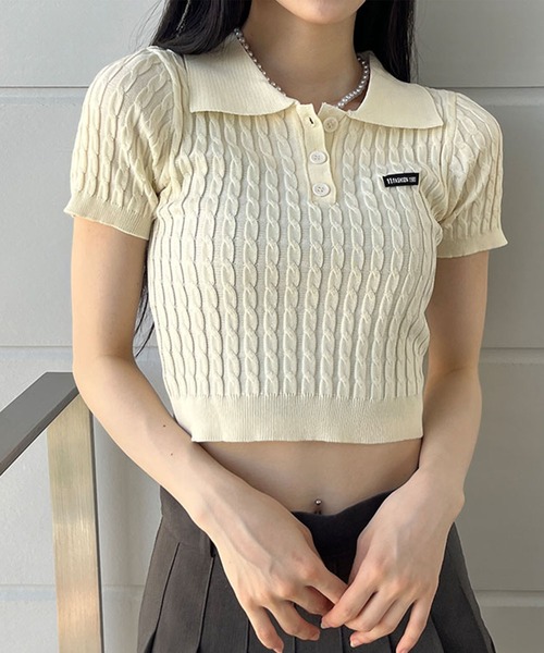 GLAMOROUS JANE（グラマラスジェーン）の「ケーブルニットポロ衿クロップド丈半袖トップス（Tシャツ/カットソー・レディース・ピンク/ベージュ/レッド/ブラック/ブルー・FREE）」の19枚目の写真