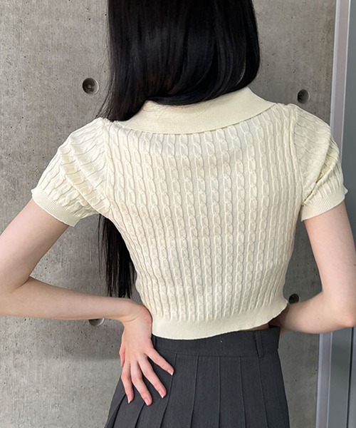 GLAMOROUS JANE（グラマラスジェーン）の「ケーブルニットポロ衿クロップド丈半袖トップス（Tシャツ/カットソー・レディース・ピンク/ベージュ/レッド/ブラック/ブルー・FREE）」の20枚目の写真