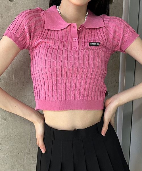 GLAMOROUS JANE（グラマラスジェーン）の「ケーブルニットポロ衿クロップド丈半袖トップス（Tシャツ/カットソー・レディース・ピンク/ベージュ/レッド/ブラック/ブルー・FREE）」の7枚目の写真