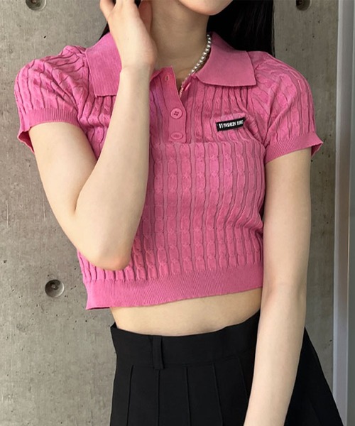 GLAMOROUS JANE（グラマラスジェーン）の「ケーブルニットポロ衿クロップド丈半袖トップス（Tシャツ/カットソー・レディース・ピンク/ベージュ/レッド/ブラック/ブルー・FREE）」の8枚目の写真