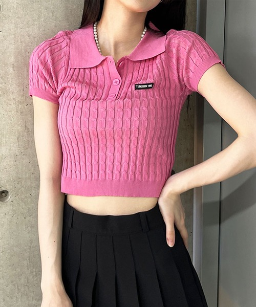GLAMOROUS JANE（グラマラスジェーン）の「ケーブルニットポロ衿クロップド丈半袖トップス（Tシャツ/カットソー・レディース・ピンク/ベージュ/レッド/ブラック/ブルー・FREE）」の9枚目の写真