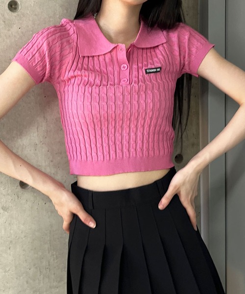 GLAMOROUS JANE（グラマラスジェーン）の「ケーブルニットポロ衿クロップド丈半袖トップス（Tシャツ/カットソー・レディース・ピンク/ベージュ/レッド/ブラック/ブルー・FREE）」の10枚目の写真