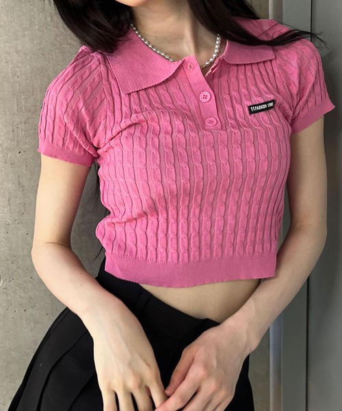 GLAMOROUS JANE（グラマラスジェーン）の「ケーブルニットポロ衿クロップド丈半袖トップス（Tシャツ/カットソー・レディース・ピンク/ベージュ/レッド/ブラック/ブルー・FREE）」の11枚目の写真