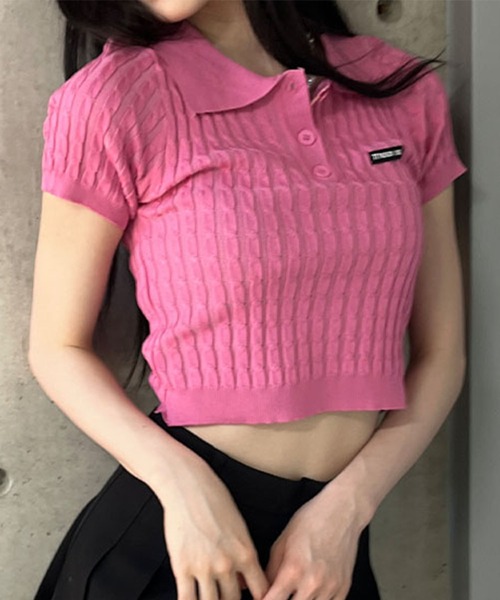 GLAMOROUS JANE（グラマラスジェーン）の「ケーブルニットポロ衿クロップド丈半袖トップス（Tシャツ/カットソー・レディース・ピンク/ベージュ/レッド/ブラック/ブルー・FREE）」の12枚目の写真