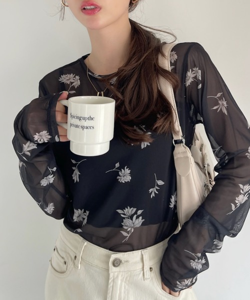 Ada.(エイダ)の「フラワープリント シアー クルーネック トップス(Tシャツ/カットソー・レディース・ベージュ/ブラック・FREE)」の3枚目の写真
