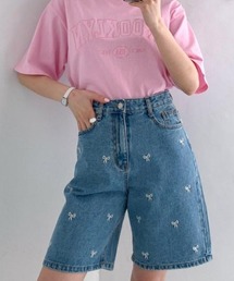 リボン刺繍ハーフデニム/リボンデニムショートパンツ