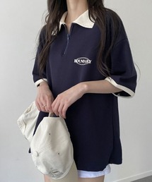 襟付き配色半袖半ジップ付きTシャツ レディース 夏 ブロークコア