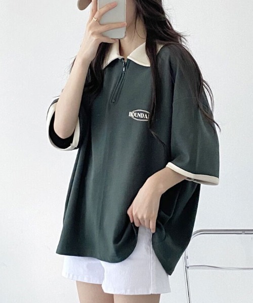 VIVID LADY(ビビッドレディー)の「襟付き配色半袖半ジップ付きTシャツ レディース 夏 ブロークコア(Tシャツ/カットソー・レディース・グリーン/ホワイト系/ネイビー・FREE)」の3枚目の写真