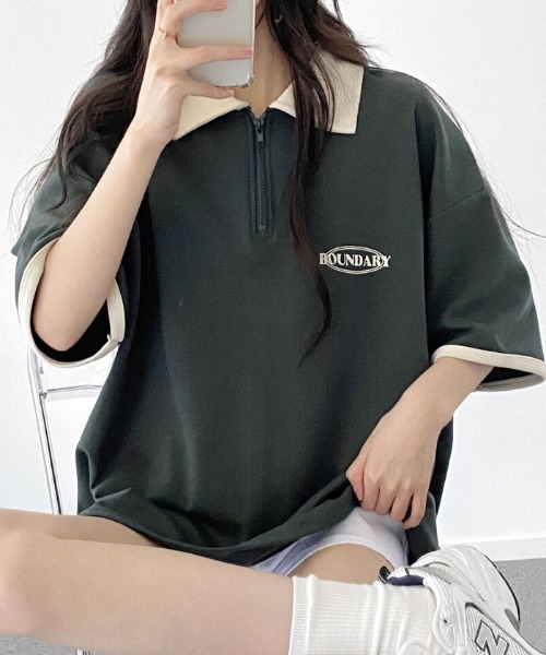 VIVID LADY(ビビッドレディー)の「襟付き配色半袖半ジップ付きTシャツ レディース 夏 ブロークコア(Tシャツ/カットソー・レディース・グリーン/ホワイト系/ネイビー・FREE)」の4枚目の写真