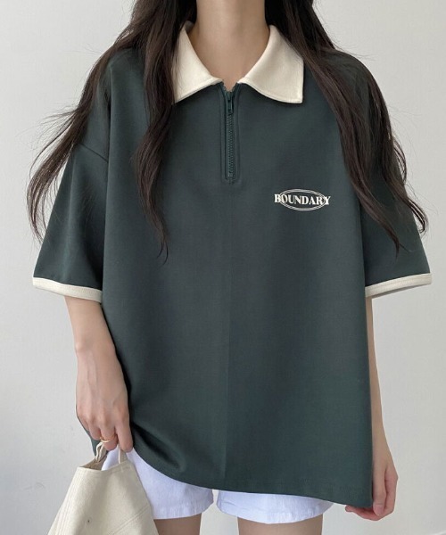 VIVID LADY(ビビッドレディー)の「襟付き配色半袖半ジップ付きTシャツ レディース 夏 ブロークコア(Tシャツ/カットソー・レディース・グリーン/ホワイト系/ネイビー・FREE)」の5枚目の写真