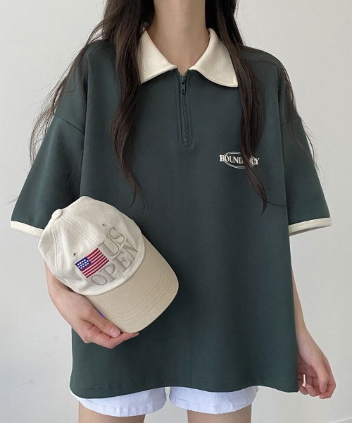 VIVID LADY(ビビッドレディー)の「襟付き配色半袖半ジップ付きTシャツ レディース 夏 ブロークコア(Tシャツ/カットソー・レディース・グリーン/ホワイト系/ネイビー・FREE)」の6枚目の写真