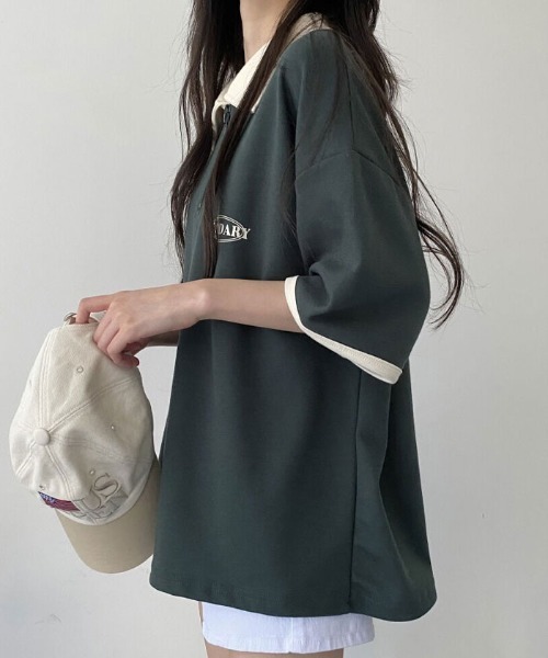 VIVID LADY(ビビッドレディー)の「襟付き配色半袖半ジップ付きTシャツ レディース 夏 ブロークコア(Tシャツ/カットソー・レディース・グリーン/ホワイト系/ネイビー・FREE)」の7枚目の写真