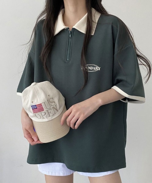 VIVID LADY(ビビッドレディー)の「襟付き配色半袖半ジップ付きTシャツ レディース 夏 ブロークコア(Tシャツ/カットソー・レディース・グリーン/ホワイト系/ネイビー・FREE)」の8枚目の写真