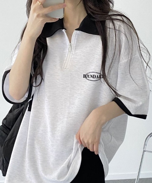 VIVID LADY(ビビッドレディー)の「襟付き配色半袖半ジップ付きTシャツ レディース 夏 ブロークコア(Tシャツ/カットソー・レディース・グリーン/ホワイト系/ネイビー・FREE)」の16枚目の写真