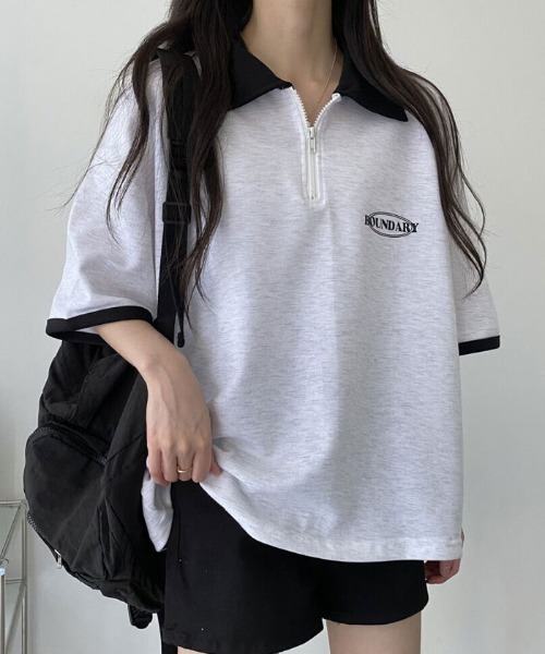 VIVID LADY(ビビッドレディー)の「襟付き配色半袖半ジップ付きTシャツ レディース 夏 ブロークコア(Tシャツ/カットソー・レディース・グリーン/ホワイト系/ネイビー・FREE)」の18枚目の写真