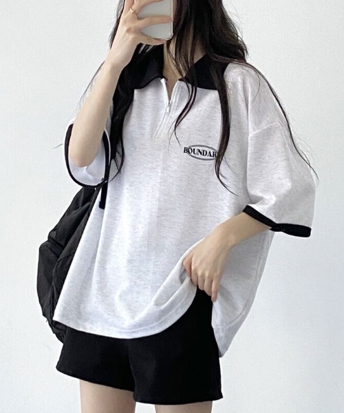 VIVID LADY(ビビッドレディー)の「襟付き配色半袖半ジップ付きTシャツ レディース 夏 ブロークコア(Tシャツ/カットソー・レディース・グリーン/ホワイト系/ネイビー・FREE)」の19枚目の写真