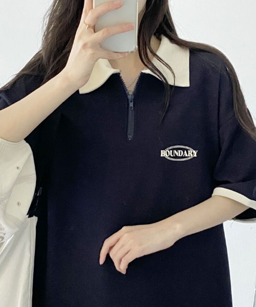 VIVID LADY(ビビッドレディー)の「襟付き配色半袖半ジップ付きTシャツ レディース 夏 ブロークコア(Tシャツ/カットソー・レディース・グリーン/ホワイト系/ネイビー・FREE)」の21枚目の写真