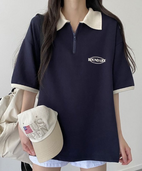 VIVID LADY(ビビッドレディー)の「襟付き配色半袖半ジップ付きTシャツ レディース 夏 ブロークコア(Tシャツ/カットソー・レディース・グリーン/ホワイト系/ネイビー・FREE)」の10枚目の写真