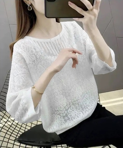 Miniministore(ミニミニストア)の「サマーニット 七分袖透かし編みトップス(ニット/セーター・レディース・ブラック/ブルーグレー/ピンク/ホワイト・FREE)」の19枚目の写真