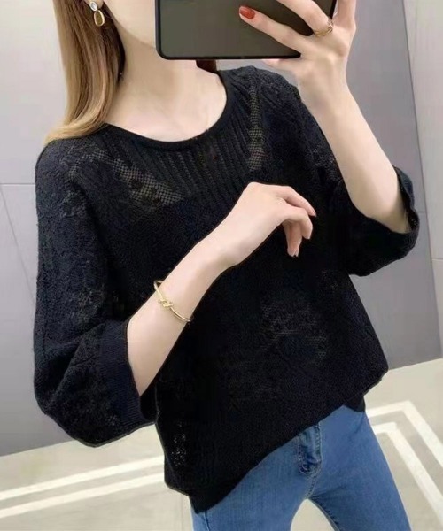 Miniministore(ミニミニストア)の「サマーニット 七分袖透かし編みトップス(ニット/セーター・レディース・ブラック/ブルーグレー/ピンク/ホワイト・FREE)」の21枚目の写真