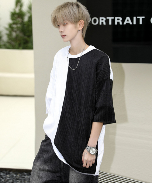 【セール】【neos】ルーズシルエット プリーツ ストライプ 切替 ハーフスリーブ Tシャツ（Tシャツ/カットソー）｜neos（ネオス）