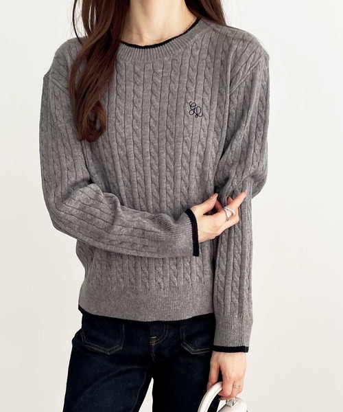 セール】ワンポイント刺繍配色ケーブルニット（ニット/セーター