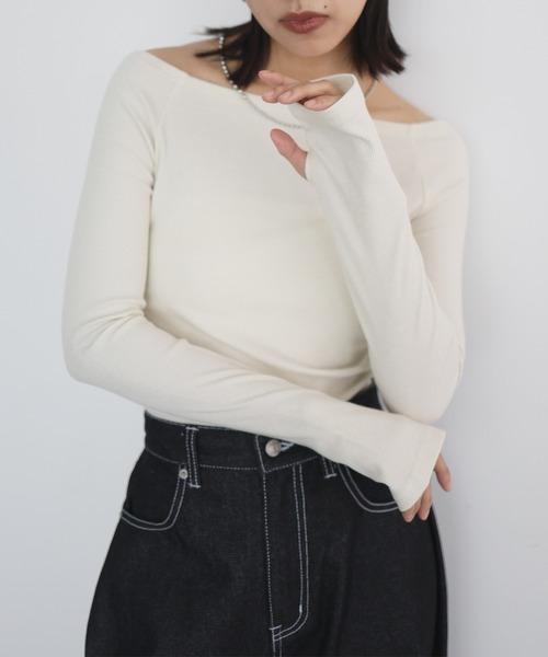 hellam（へラム）の「ラメ入りオフショルリブトップス（Tシャツ/カットソー・レディース・アイボリー/ブラック/杢グレー/ブルー/カーキ・FREE）」の22枚目の写真