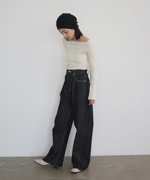 hellam（へラム）の「ラメ入りオフショルリブトップス（Tシャツ/カットソー・レディース・アイボリー/ブラック/杢グレー/ブルー/カーキ・FREE）」の21枚目の写真