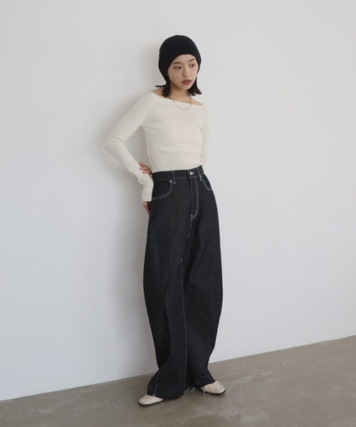 hellam（へラム）の「ラメ入りオフショルリブトップス（Tシャツ/カットソー・レディース・アイボリー/ブラック/杢グレー/ブルー/カーキ・FREE）」の19枚目の写真