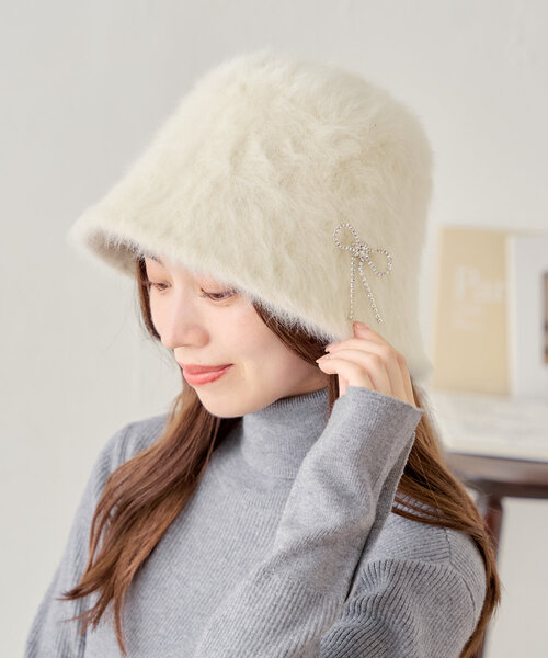 セール】【リボンブローチ付】フェザークロシェハット（ハット