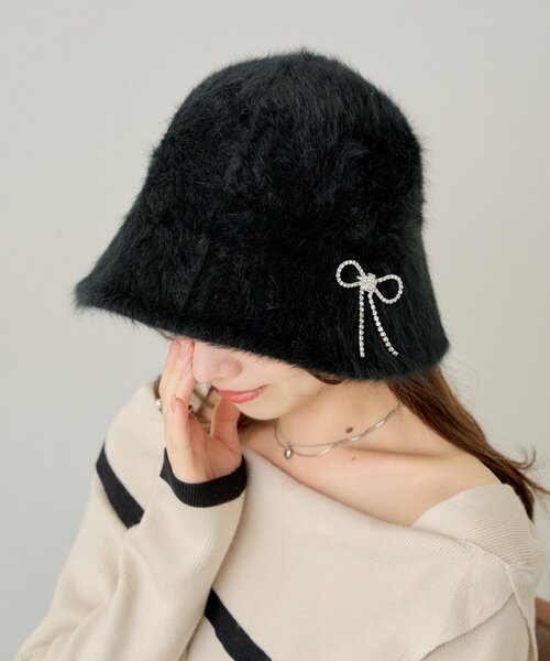 セール】【リボンブローチ付】フェザークロシェハット（ハット