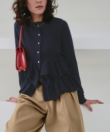 フリルデザインデニムカーディガン フリル Vネック ニット カーディガン Liala×PG 全4色｜lpg441