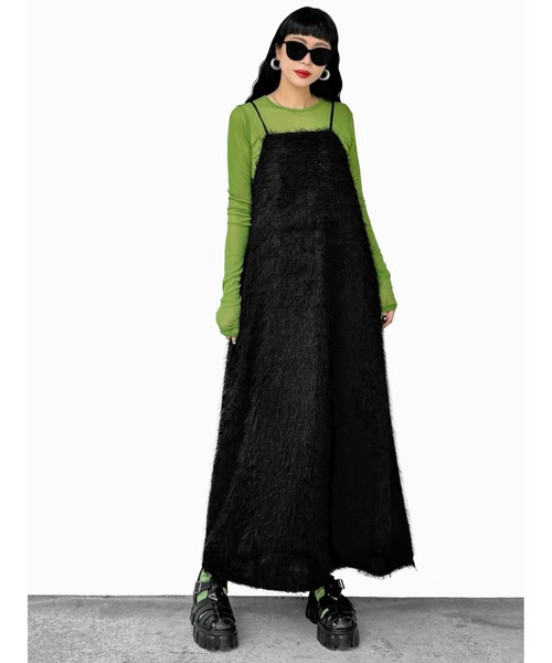 【LVEU.】フェザーキャミワンピース(Ai select) / ワンピース ワンピ キャミソール キャミワンピ フリンジ ロング レイヤード ブラック（ワンピース）｜LVEU.（ラブユ.）