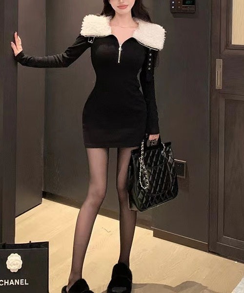 gossip!ロサンゼルス(ゴシップロサンゼルス)の「フェイクファーラペル スリムワンピース(ワンピース・レディース・ブラック・FREE)」の4枚目の写真