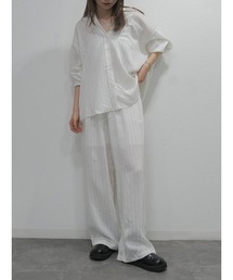 リネンピンストライプパンツ／linen pinstripe pants【setup対応】セットアップ ロング丈 ワイド ウエストゴム 大人カジュアル シンプル モード ホワイト 白 ブラック 黒