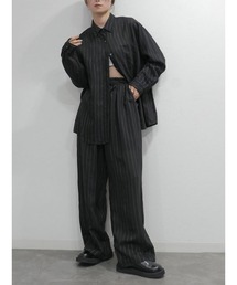 リネンピンストライプパンツ/linen pinstripe pants【setup対応】セットアップ ロング丈 ワイド ウエストゴム 大人カジュアル シンプル モード ホワイト 白 ブラック 黒