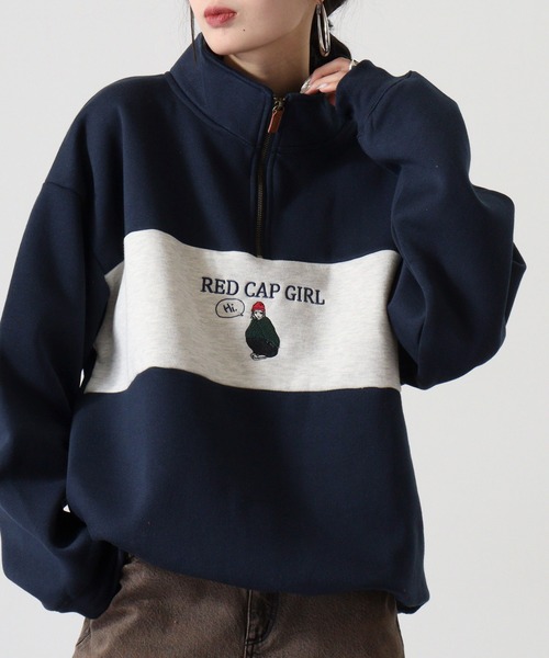 FUNALIVE(ファンアライブ)の「RED CAP GIRL 裏起毛パネル切替RCG刺繍HALFZIP(スウェット・メンズ・ネイビー/ダークグレー/アッシュグレー・M/L)」の3枚目の写真