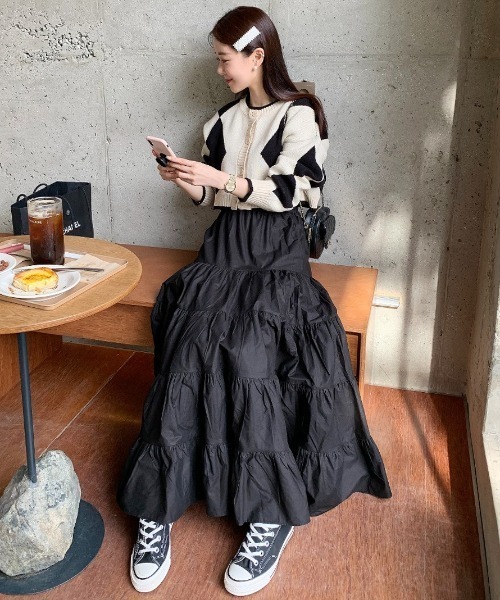 PIN(ピン)の「5段ティアードロングスカート(スカート・レディース・ブラック/ホワイト・FREE)」の15枚目の写真