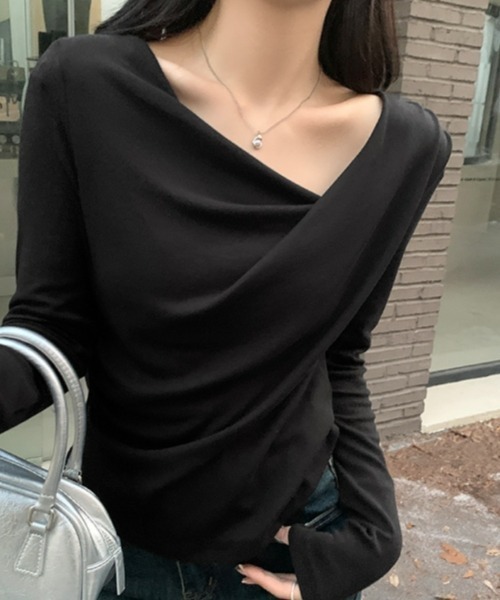 gossip!ロサンゼルス(ゴシップロサンゼルス)の「オフショルダートップス 長袖 シンプル&カジュアル デイリーインナー(シャツ/ブラウス・レディース・ブラック/ブルー/ピンク/ベージュ・FREE)」の14枚目の写真
