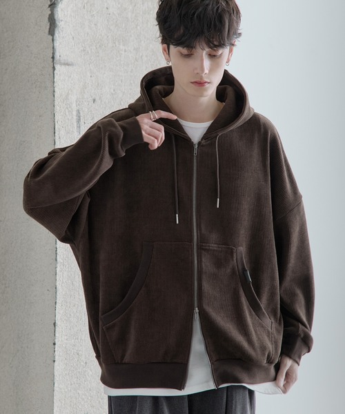 カットコーデュロイPUピスデザインダブルジップパーカー