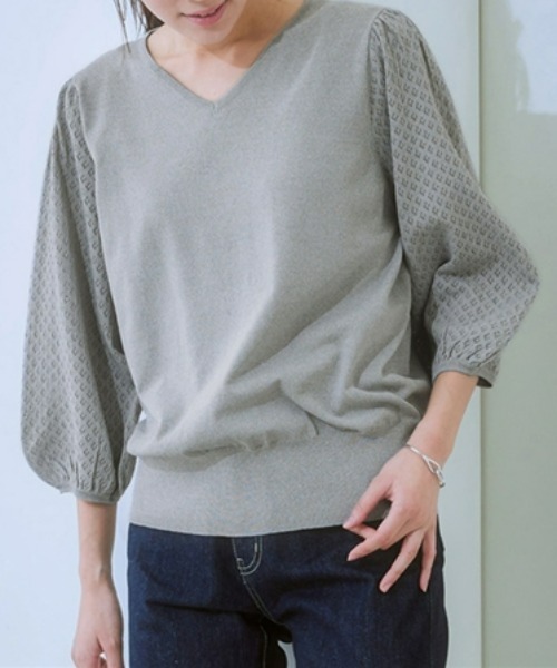 7days Life Styling(セブンデイズライフスタイリング)の「【接触冷感/UVカット/遮熱】透かし編みパフ袖ニット(ニット/セーター・レディース・ブラック/オフホワイト/杢グレー/ブルー・S/M/L/LL)」の3枚目の写真