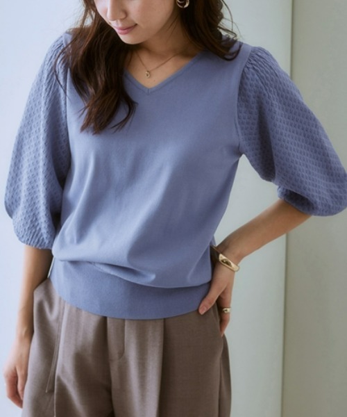 7days Life Styling(セブンデイズライフスタイリング)の「【接触冷感/UVカット/遮熱】透かし編みパフ袖ニット(ニット/セーター・レディース・ブラック/オフホワイト/杢グレー/ブルー・S/M/L/LL)」の4枚目の写真