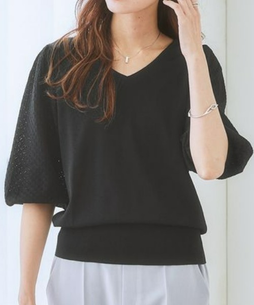 7days Life Styling(セブンデイズライフスタイリング)の「【接触冷感/UVカット/遮熱】透かし編みパフ袖ニット(ニット/セーター・レディース・ブラック/オフホワイト/杢グレー/ブルー・S/M/L/LL)」の2枚目の写真