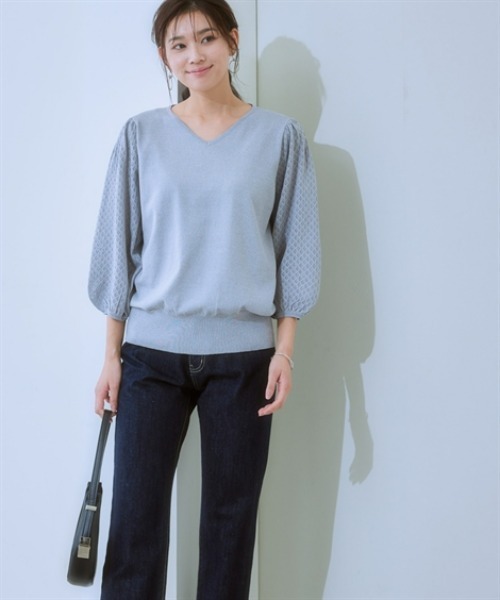 7days Life Styling(セブンデイズライフスタイリング)の「【接触冷感/UVカット/遮熱】透かし編みパフ袖ニット(ニット/セーター・レディース・ブラック/オフホワイト/杢グレー/ブルー・S/M/L/LL)」の14枚目の写真