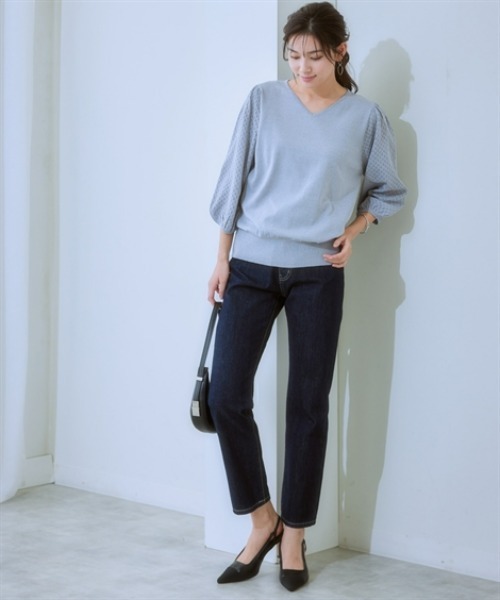 7days Life Styling(セブンデイズライフスタイリング)の「【接触冷感/UVカット/遮熱】透かし編みパフ袖ニット(ニット/セーター・レディース・ブラック/オフホワイト/杢グレー/ブルー・S/M/L/LL)」の13枚目の写真